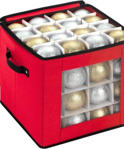 DIMESHY Christmas Ornament Storage Box With Adjustable Dividers.Ornament Storage Container with Two Handles for 64Holiday Decorations.Red