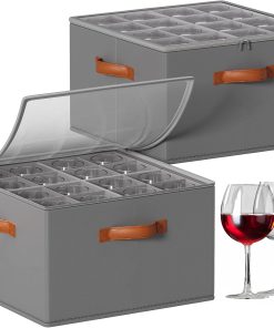 Foyego Wine Glass Storage Box. 2 Pack. Gray | 32 Adjustable Dividers. Hard Shell. Stackable China Storage Containers Holds Stemware. Glassware. Crystal for Packing&Moving